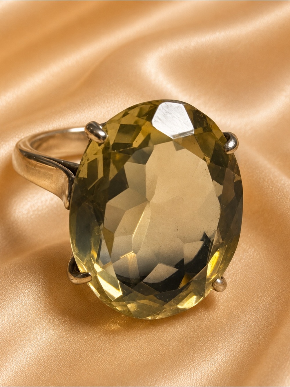 Vintage 925 Sterling Silver Huge Yellow Gemstone Cocktail Ring Size 8
